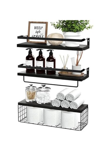 Wall Mounted Floating Shelves with Towel Bar and Storage Basket &acirc;&euro;&ldquo; 3-Tier Bathroom Organizer for Toiletries, Towels, Plants, and Decor &acirc;&euro;&ldquo; Space-Saving Wood Shelves with Black Metal Frame Black