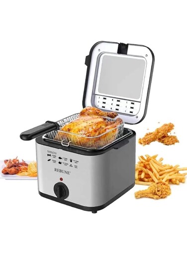REBUNE RE-11-048 Electric Deep Fryer 1800W 2.5 Liter Capacity Deep Fat Fryer, Silver/Black