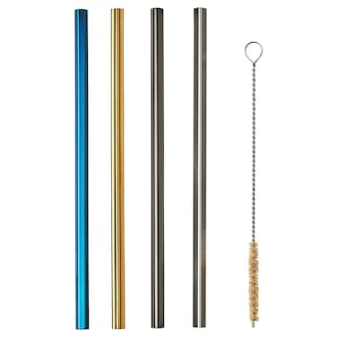 Reusable Stainless-Steel Straws with Cleaning Brush, Mixed Colours, Set of 5
