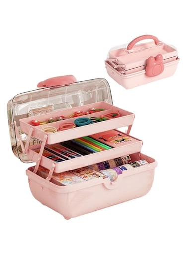 Azonee Jewelry Box for Girls, 3-Layer Cosmetics Storage Box, Little Girl Hair Accessory Display Case, Multipurpose Plastic Storage Box with Handle for Storing Art Supplies, Medicines, Manicures