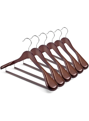 HOUSE DAY Wide Shoulder Wooden Hangers, Wood Suit Hangers with Non Slip Pant Holder, Heavy Duty Coat Hangers for Closet, Wooden Clothes Hangers for Suits, Coats, Jackets, Shirts (6 Pack, Walnut)