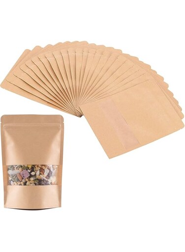 Kraft Zipper Pouch Bags, 50pcs Reusable Stand Up Ziplock Bags with Window Waterproof Oil-proof Food Packaging Storage Pouches for Nuts Coffee Beans Tea Candy Snack Favors Spices, 5.52*7.87inch