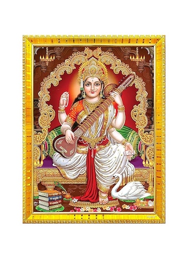 zig zag Goddess Saraswati Devi Maa Rectangular Photo Frame For Wall / Table / Pooja Room ( 7X9 Inches, Acrylic Glass) Golden