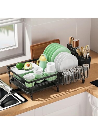 Expandable Dish Drying Rack for Kitchen Counter, Stainless Steel Dish rack stand Drainer with Drainboard, Adjustable Length, Utensil Holder Included kitchen rack, dish drainer for kitchen