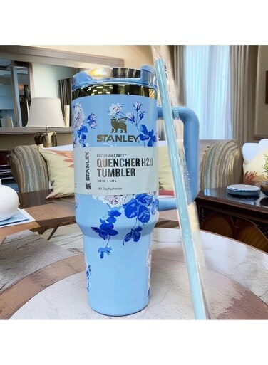Love Shack Fancy H2.0 Flow State 40oz Floral Blue Tumbler, Stainless Steel Vacuum Insulated Quencher with Lid, Straw, and Stopper, Ideal for Water and Iced Tea, Keeps Drinks Cold, Presented in Elegant Gift-Ready Packaging