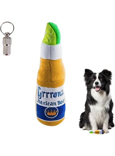 PETSARY Grrrona Mexican Beer Interactive Bottle Plush Toy with 1 Pcs Pet Id Tag Gift - Unique Parody Toy with Squeaker - Stuffed Bite Toy - Durable Teeth Cleaning Toy (Grrrona Mexican Beer 30 cm)