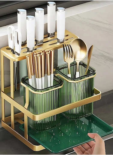 Efficient Kitchen Storage Rack with Knife Organizer Holder, Chopsticks Box, Cutlery Storage Shelf - Organize Kitchen Utensils for Wall-Mount or Countertop Use - Green