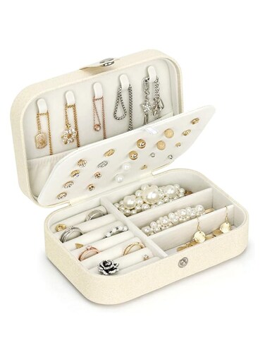 T Tersely Travel Jewellery Box with Glitter Texture, Portable Jewelry Box Jewellery Case for Rings Necklace Stud Bracelets Gift Jewellery Organiser Boxes for Women Girls White