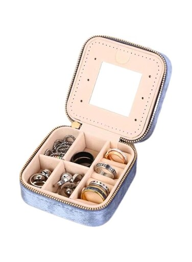 Jewelry Box Organiser, Mini Velvet Jewelry Case with Mirror, Travel Jewelry Storage Box for Rings Earrings Necklaces Portable Jewellery Organizer (Blue, One size)