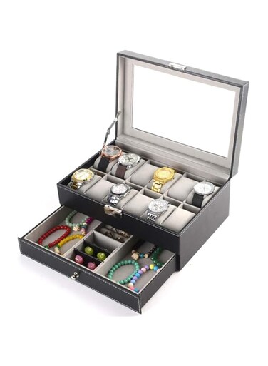 2 Tier Watch Organizer Box with Glass Lid, 12 Slots PU Leather Case Organizer with Jewelry Drawer for Storage and Display
