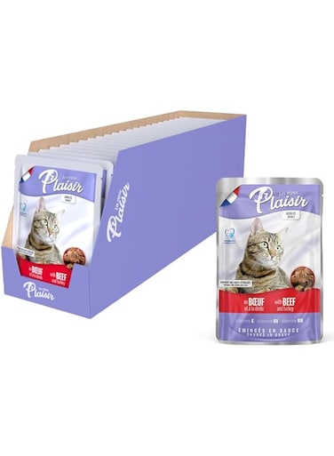 Plaisir Cats Beef and Turkey Chunks in Gravy (22x100g Pouches) Healthy Cat Pet Food Cat Food With Complete &amp; Balanced Nutrition Red
