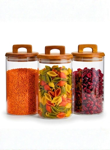 Set of 3 -1000 ML Borosilicate Glass Food Storage Jar With Acacia Wood Lid For Storing Pasta, Nuts, Coffee, Snacks etc