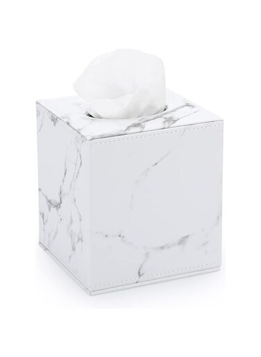 Sumnacon Square Leather Tissue Box Cover - Stylish Cube Tissue Box Holder with Magnetic Bottom, Decorative PU Tissue Box for Vanity Dresser Night Stand Table Countertop Home Office Car, Marble White
