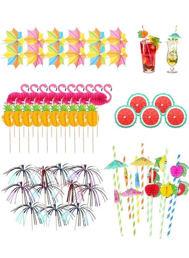 Accessories for Drinks, 80pcs Cocktail Decorations Party Pack Including Drink Umbrellas,Stirring Stirrers, reuseable paper Straws,Sparkler Sticks for Summer Beach Party Food Drink Decoration