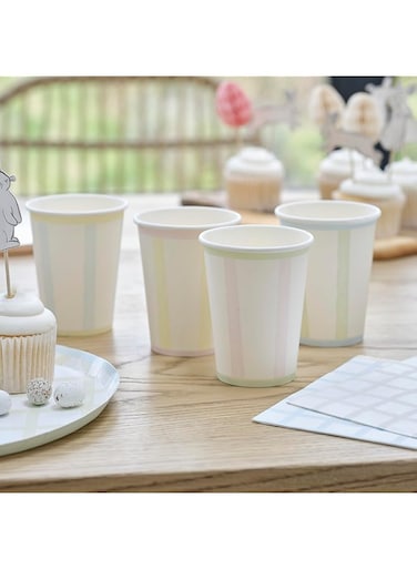 Ginger Ray Easter Gingham Pastel Blue, Green, Yellow &amp; Pink Paper Party Cups Tableware 8 Pack