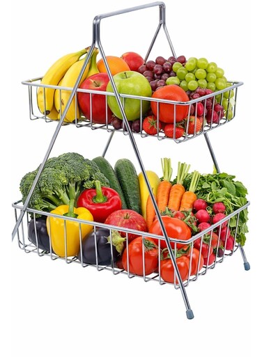 High-Quality Double-Tier Steel Fruit and Vegetable Stand Ideal for Kitchen Countertops with Durable Space-Saving Organizer Finish in Silver