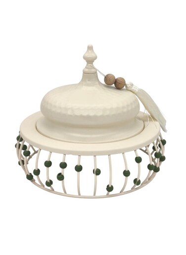 Metal Tajine with Lid 21cm*19cm, White with Green Beads