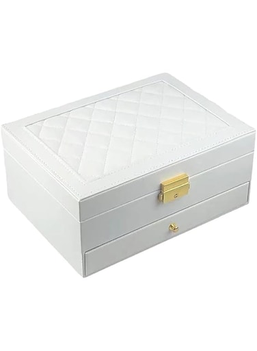 Kangce Jewelry Box Organizer for Women Girls,2 Layer Leather Jewelry Storage Box with Lock and Removable Tray,for Necklace Earrings Rings Bracelets (White)