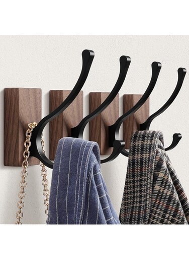 Coat Hooks Wall Mounted, 4 Pack Walnut Wood Wall Hooks for Hanging, Heavy Duty Double Towel Hat Hooks Rack, Rustic Decorative Hooks for Hanging Coats, Towels, Keys, Bags, Robes (black(4pcs))