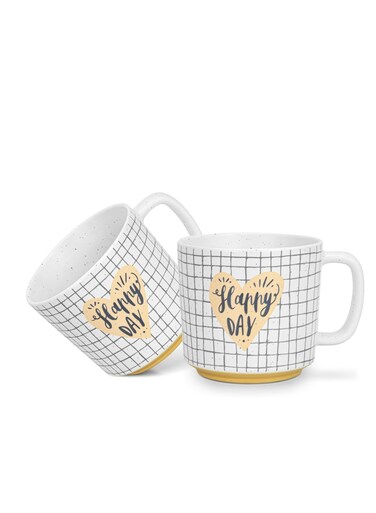 2-Piece Mugs 490ml Happy Day Checked Coffee Mugs Set Couple Mug Valentines Day, New Bone China with Non Slip Bottom Coffee Cups for for Tea, Coffee, Present For Her/Him, Surprise Gift For Heart Day