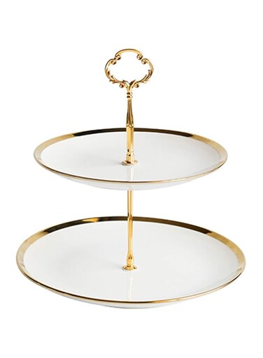 Affogato Cupcake Stand Tower Dessert Display Plate 2-Tier Round White Ceramic Serving Tray Dish Treat Stacked Pastry Fruit Serving Platter Tree Stand for Gift Tea Party Restaurant, Gold Edge