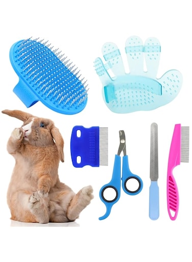 KALAMANDA 6 Pieces Rabbit Grooming Kit, Pet Nail Clipper and Trimmer with Pet Hair Remover, Pet Combs with Long and Short Handle, Pet Shampoo Bath Brush for Small Animals Rabbit Hamster by