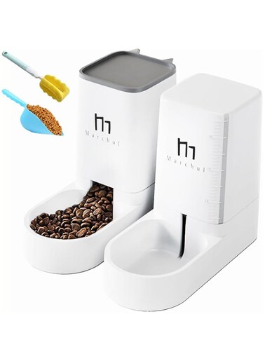 Marchul Cat Feeder and Water Dispenser Set, Automatic Cat Food Dispenser and Gravity Dog Water Bowl Dispenser with Pet Food Scoop Sponge Bottle Brush, Big Capacity 3.8 L