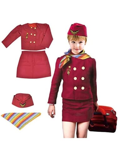 Fitto Girls Flight Attendant Dress Free Size Pretend Play Cabin Crew Uniform For Girls, Full Set with Skirt, Jacket, Hat Neck Scarf