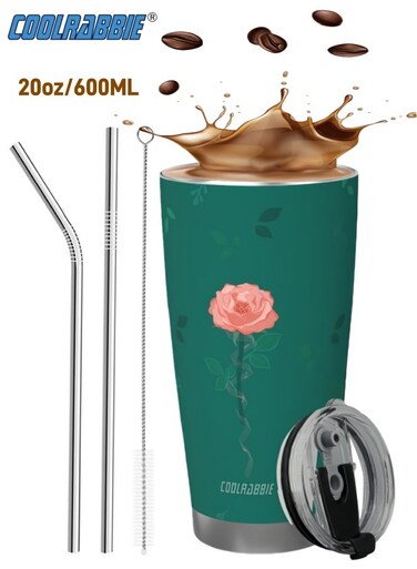 20oz Tumbler, Stainless Steel Vacuum Insulated Coffee Travel Mug with Straw and Brush, Double Wall Powder Coated Coffee Mug Travel Mug with Lid Thermal Cup for Outdoor,Suitable for Iced &amp; Hot Drinks,Rose and Leaves design(Dark Green), Ideal Gift