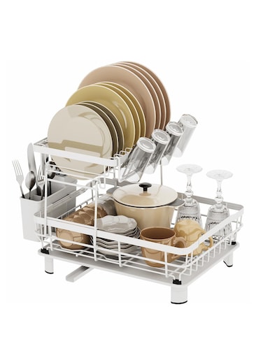 2 Tier Dish Drying Rack, Upgrade Stainless Steel Dish Rack with Drip Trip, Dish Drainer Rack with Utensil, Cup and Cutting Board Holder, Sink Drying Rack for Kitchen Counter, Sink Drainer, White