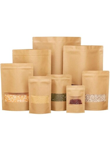 WAFUNNE 50 pcs Kraft Bags with Window Stand Up Ziplock Seal Paper Bag Resealable Large Food Storage Pouch 6oz 6.2&Atilde;&mdash;8.6in