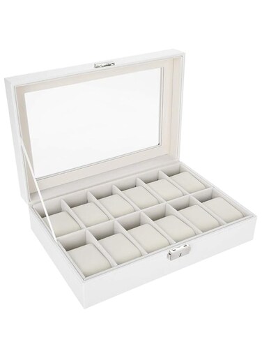 fasient Watch Storage Box,12 Grids PU Leather Simple Watch Display Holder Jewelry Gift Wristwatch Case Organizer with Transparent Glass,Dust Proof Moist Proof for Home,Shop(White)