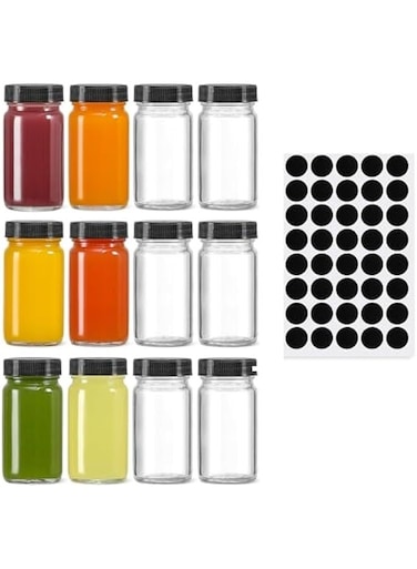 12 Pack 2 oz Glass Shot Mini Bottles w/Black Lids&amp;Black Stickers - Small Clear Jar for Ginger, Juice, Sample - Travel Essentials - Wide Mouth, Leakproof