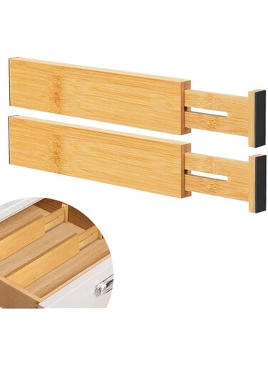 HOOTO 2 Pack Bamboo Kitchen Drawer Dividers, Adjustable Drawer Organizers, Spring Loaded, Expandable Drawer Organization Separators for Kitchen, Bedroom &amp; More, Natural 42.8-56.3cm