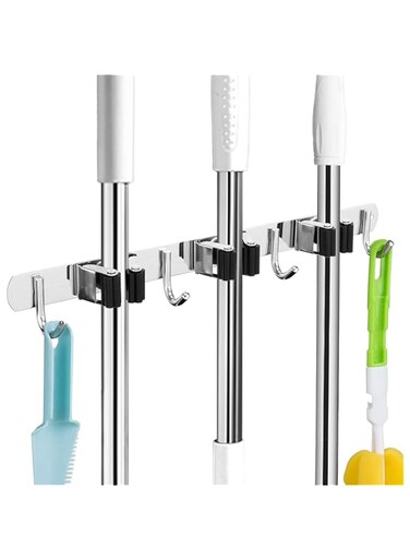Arabest Broom Mop Holder Wall Mount, Stainless Steel Heavy Duty Self Adhesive Garage Organization Tool, Organizer Storage Tool Closet with 3 Racks and 4 Hooks, Perfect for Kitchen, Garden, Room