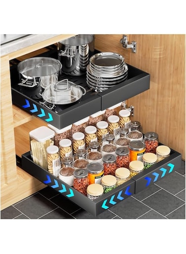 U-HOOME Expandable Pull-Out Cabinet Organizer Fixed with Adhesive Nano Film,Slide Out Drawers Pantry Storage,Kitchen Spice Rack Under Cabinet Storage Fits Spices,Sauces,Cans,Bathroom Storage (Black)