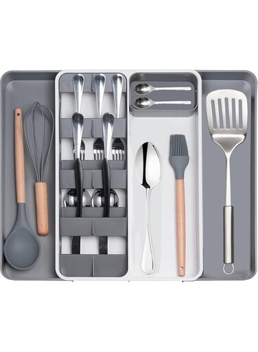 BLYPHOO Kitchen Drawer Organizer Cutlery Tray: &reg; Expandable Silverware Organizer Utensil Holder&ndash; Upgraded Large Plastic Drawer Dividers for Flatware and Kitchen Utensils, 9 Compartments
