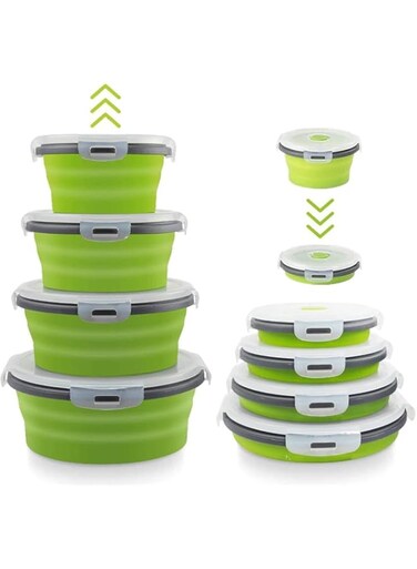Basiter Collapsible Bowls For Camping, Set of 4 Silicone Food Storage Containers with Lids, Rv storage and organization, Rv Kitchen Accessories, BPA Free, Microwavable, Freezer, Dishwasher Safe Green