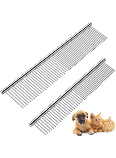 SWIUKPHE 2 Pack Dog Combs with Rounded Ends Stainless Steel Teeth, Cat Comb for Removing Tangles and Knots, Professional Grooming Tool for Long and Short Haired Dog, Cat and other pets, 6.3IN/7.4IN