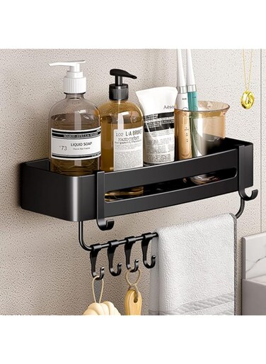 IBAMA Space Aluminum Bathroom Shelf, UPGRADED Thickened Heightened, Shower Caddy Shelves, No-drill Wall Mount Corner Organizer Storage Rack with Movable Hooks Towel Bar Bathroom Accessories