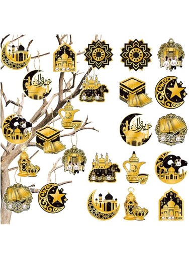 24Pcs Ramadan Kareem Decorations,Ramadan Hanging Ornaments for Trees Home Decor Star Moon Lantern for Muslim Islamic Eid Al-fitr Party Supplies