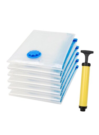 6-Piece Vacuum Reusable Sealer Storage Bag With Suction Pump Clear/Blue 70x100cm