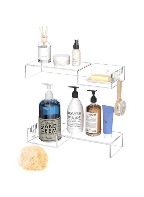 AITEE Clear Acrylic Bathroom Organizer Shower Caddy, 2 Packs No Drilling Adhesive Shampoo Holder Organizer Shelf Wall Mounted With Hooks, Shower Organizer, Rust Proof and Hold 500ml Capacity Shampoo