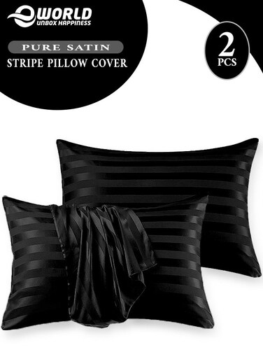 Set of 2 Black Satin Stripe Pillow Covers Featuring 300 Thread Count, 1cm Satin Stripe, Envelope Closure, Cool, Breathable &amp; Premium Quality