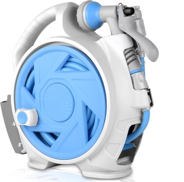 Compact Garden Hose Reel Set 15m with Multi-Function Spray Gun Blue