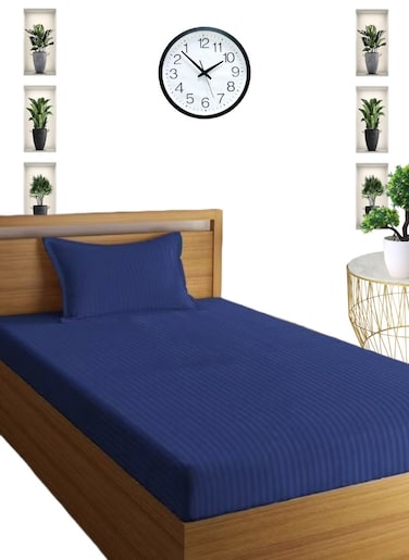 Navy Blue Deep Pocket Single Size Striped Bed Sheet Set Cotton 100x200+15cm