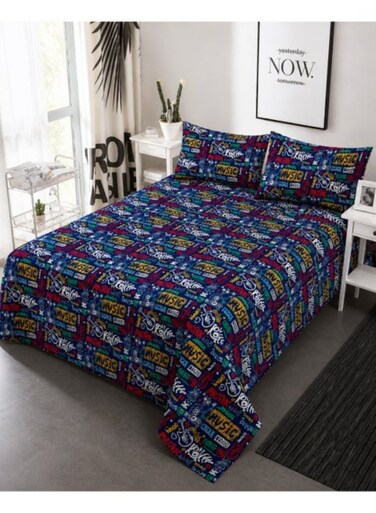 Queen Size Music Print Bedsheet Set 3PCS &acirc;&euro;&ldquo; 125 GSM Soft Breathable Fabric, Fade Resistant &amp; Durable Bedding with 2 Pillow Covers, 220x220 CM
