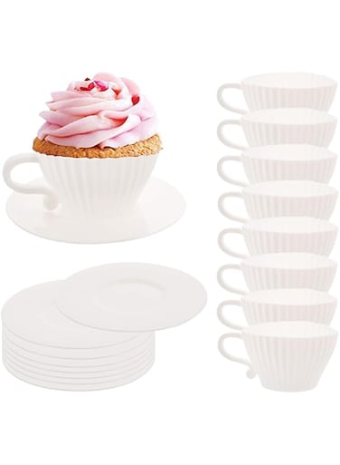 ELECDON Silicone Muffin Cups for Baking, 16 Pcs Teacup Cupcake Liners, Reusable Muffin Liners, Silicone Cupcake Chocolate Baking Cups, 8 Cups &amp; 8 Saucers, White