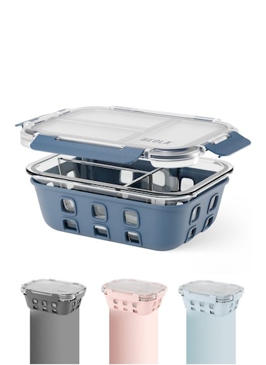 3 Compartment Glass Food Storage Container with Airtight Lid and Silicone Protection, Individually Sealed 3 Section Meal Prep Container, Freezer, Dishwasher, Microwave Safe, 1050ml(Marine Blue)