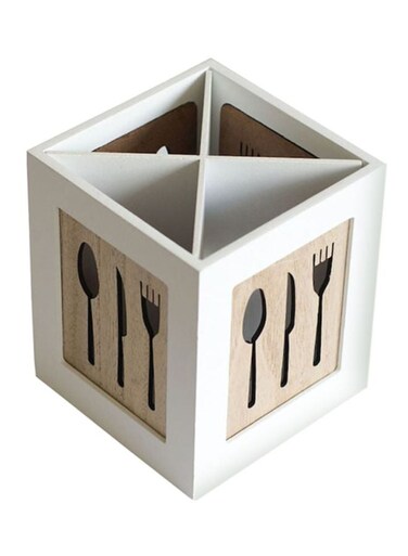 Cutlery Storage Box White/Brown 14.4 x 14.4 x 10.8cm